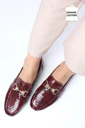Mio Gusto Jordane Genuine Leather Claret Red Color Animal Patterned Flat Toe Women