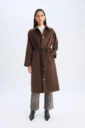 DeFacto Relax Fit Long Cashmere Coat Polo Collar Buttoned Belt Pocket