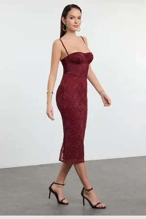 Trendyol Burgundy Knitted Lined Lace Midi Dress