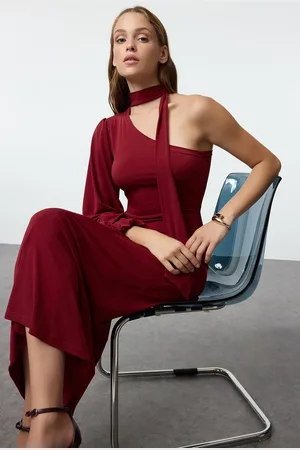 Trendyol Claret Red Plain Tie Detail Midi Scarf Detail Fitted/Fits Body Flexible Knit Dress