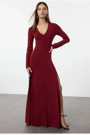 Trendyol Claret Red Plain Limited Edition V Neck Skater/Waist Open Flexible Maxi Knit Dress