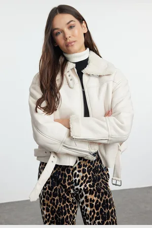 Trendyol Ecru Plush Detailed Faux Leather Biker Jacket Coat