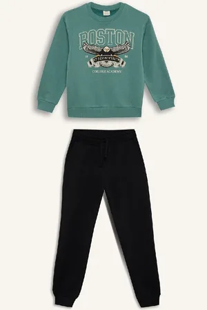 DeFacto Boy 2-Piece Set Crew Neck Printed Thick Sweatshirt Elastic Waist Tracksuit Bottoms