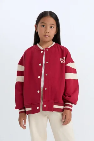 DeFacto Girls College Collar Printed Snap Closure Soft Furry Bomber Cardigan