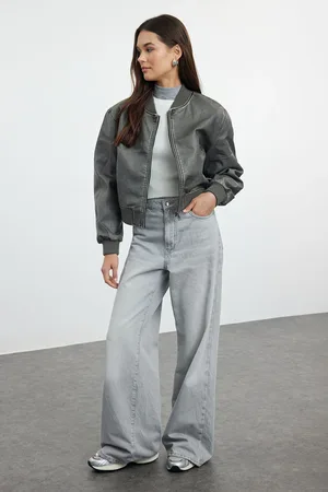 Trendyol Anthracite Weathered Detailed Faux Leather Bomber Jacket Coat
