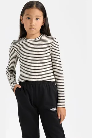 DeFacto Girls Crop Polo Neck Striped Ribbed Camisole Long Sleeve T-Shirt