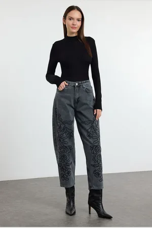 Trendyol Anthracite Embroidered High Waist Balloon Jeans