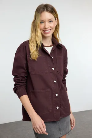 Trendyol Burgundy Suede Contrast Collar Denim Shirt Jacket