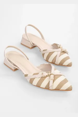 Shoeberry Women Ciao Beige Linen Striped Buckled Ballerinas
