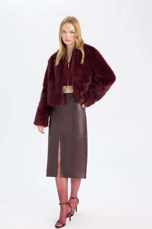 DeFacto High Waist Combed Cotton Lined Slit Midi Faux Leather Burgundy Pencil Skirt