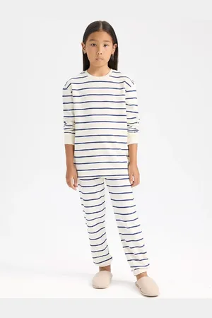 DeFacto Girls Pajama Set Striped Long Sleeve Top Elastic Waist Long Bottom