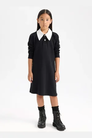 DeFacto Girl Shirt Collar Basic Plain Long Sleeve Black Dress