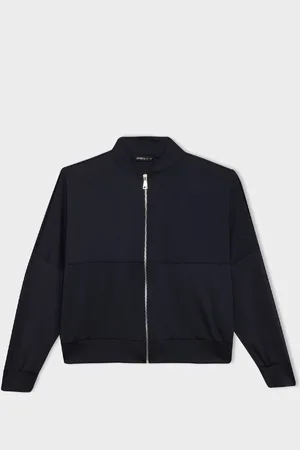 DeFacto College Collar Zipper Pocket Basic Plain Bomber Cardigan