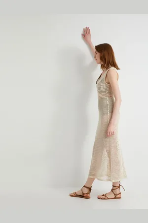 Koton Openwork Midi Dress V-Neck Thick Straps