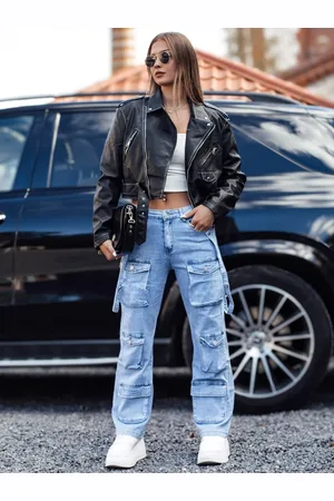 D-Street Spodnie damskie URBANVI jeansowe cargo wysoki stan z szerokimi nogawkami jasno niebieskie