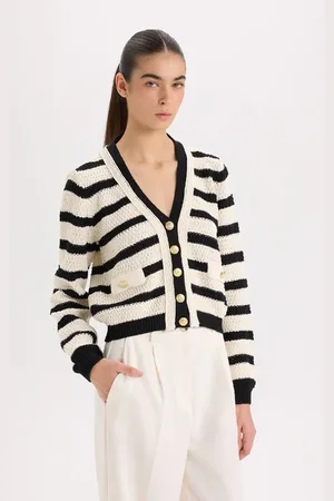 DeFacto Regular Fit V Neck Striped Buttoned Knitted Cardigan