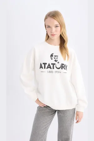DeFacto Oversize Wide Pattern Crew Neck Atatürk Printed Sweatshirt