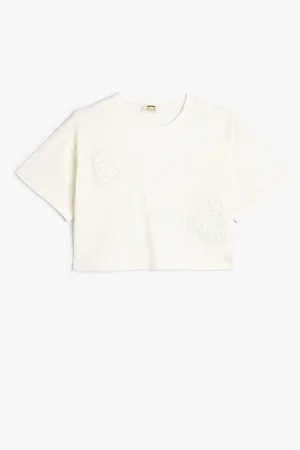 Koton Crop T-Shirt Heart Short Sleeve Crew Neck Cotton