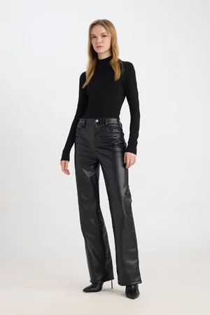 DeFacto Cool Faux Leather Pants Straight Fit High Waist