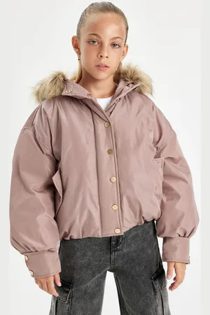 DeFacto Girls Detachable Hooded Coat Zippered Snap Closure Pocket