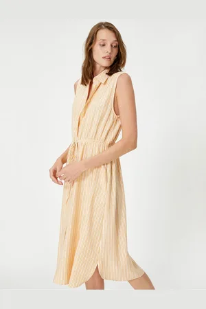 Koton Midi Shirt Dress Buttoned Sleeveless Lace-up Waist