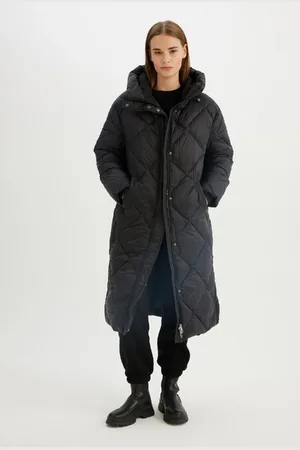DeFacto Water Repellent Hooded Long Coat Parka Quilted Zipper Snap Closure Pocket