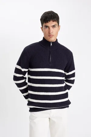 DeFacto Standard Fit Stand Collar Half Zipper Striped Knitwear Sweater