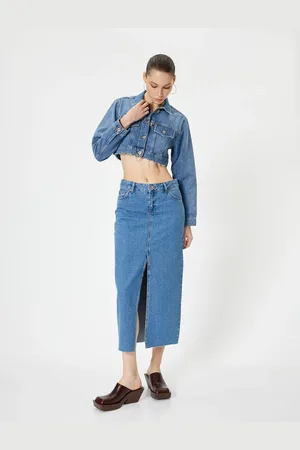 Koton Long Denim Skirt with Front Slit Detail, High Waist, Pocket, Comfortable Fit