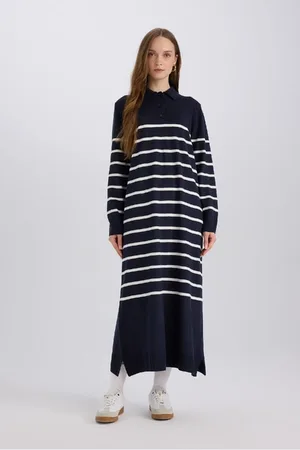 DeFacto Regular Fit Polo Collar Striped Maxi Knit Dress