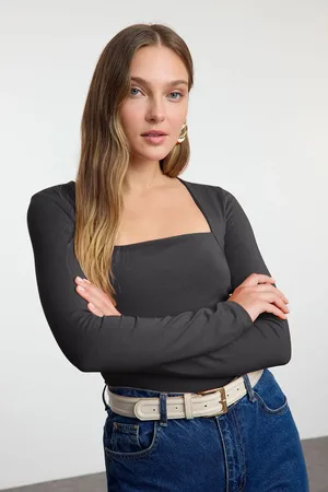 Trendyol Anthracite Square Neck Gathered/Drape Detailed Slim/Fits Body Knitted Blouse