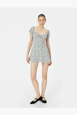 Koton Mini Floral Dress Lined Sweetheart Neckline Front Tie Detail