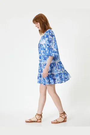 Koton Mini Floral Dress Balloon Sleeves Flounce Tassel V Neck