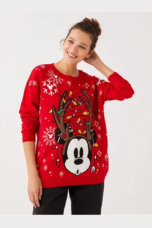 LC Waikiki Posádka Krk Mickey Mouse Tištěné Dlouhý Rukáv Dámský Pletený Svetr