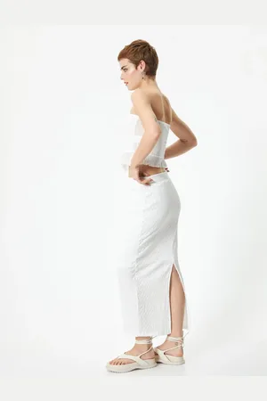 Koton Long Pencil Skirt High Waist Textured Slit Lined