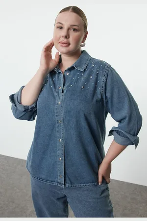 Trendyol Curve Light Blue Stoned Plus Size Denim Shirt