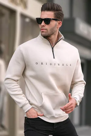 MADMEXT Beige Zipper Collar Embroidered Sweatshirt 6028