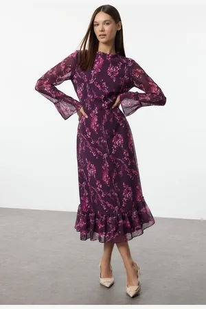 Trendyol Plum Floral Patterned A-Line Stand Collar Midi Lined Chiffon Woven Winter Dress