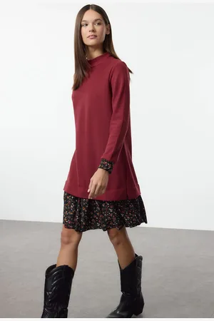 Trendyol Burgundy Floral Printed Mini Thessaloniki Stand Collar Knitted Dress