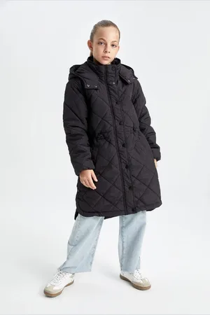 DeFacto Girl Water Repellent Hooded Zippered Snap Pocket Long Coat Parka