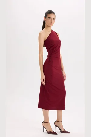 DeFacto Bodycon Body-hugging Basic Plain One Shoulder Burgundy Midi Dress