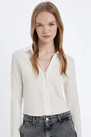 DeFacto Cool Fitted Basic Plain Buttoned Long Sleeve Crop White Shirt