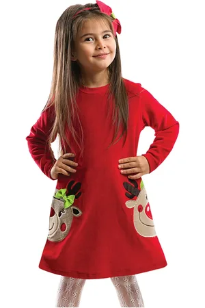 Denokids Dívčí červené vánoční šaty s motivem dvojčat jelena z veluru