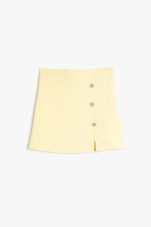 Koton Tweed Skirt with Floral Button Detailed Slit Detail.