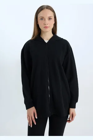 DeFacto Hooded Basic Plain Zippered Pocket Thessaloniki Fabric Long Knitwear Cardigan