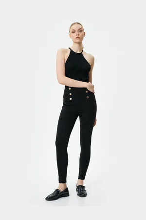 Koton Button Detailed Leggings Ribbed High Waist
