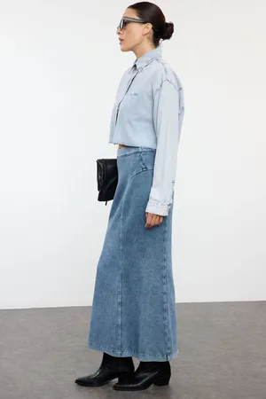 Trendyol Blue Stitch Detailed High Waist Maxi Denim Skirt