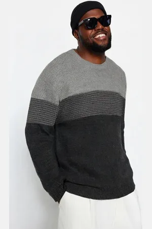 Trendyol Gray Slim Fit Crew Neck Color Block Knitwear Plus Size Sweater