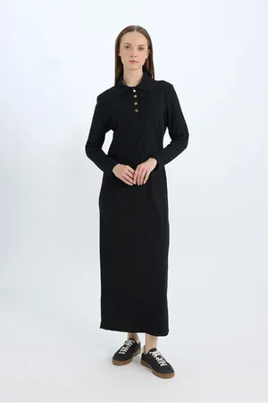DeFacto Regular Fit Shirt Collar Basic Plain Long Sleeve Pique Maxi Dress