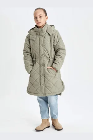 DeFacto Girl Water Repellent Hooded Zippered Snap Pocket Long Coat Parka