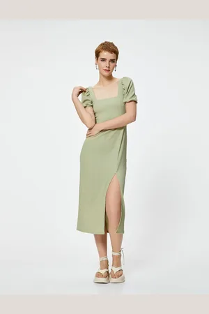 Koton Balloon Sleeve Dress Midi Slit Detail Short Sleeve Slim Fit